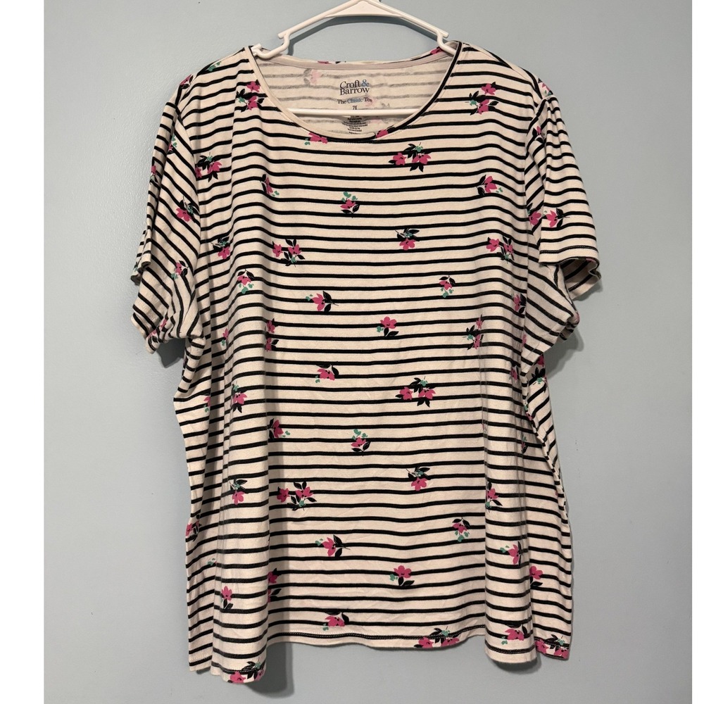 Croft & Barrow Women's 2X Classic Tee Striped Floral Cotton T-Shirt Navy Pink